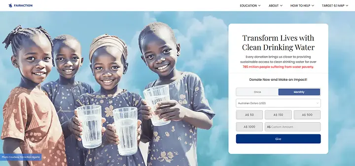 Four smiling children holding glasses of water, with a donation form for clean drinking water on the right.