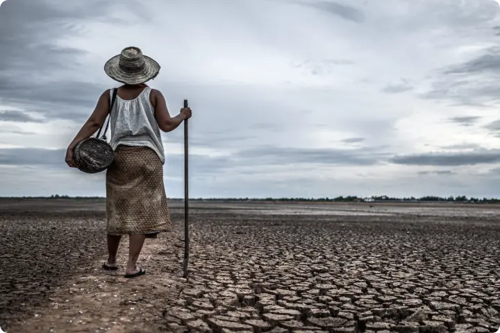 Person in a hat walking on cracked, dry earth, holding a basket and stick, under a cloudy sky, symbolizing drought and resilience.