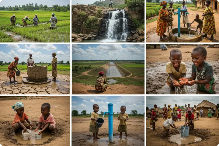 Collage of rural life: farming, waterfall, fetching water, children playing, and landscapes, depicting daily activities and natural scenery.