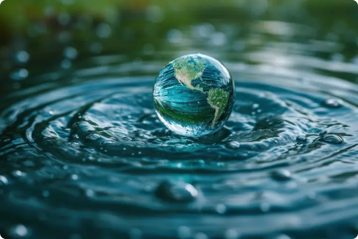 A globe resembling Earth floats above rippling water, reflecting light and emphasizing the continents against a blurred green background.