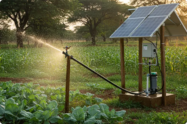 Solar-powered irrigation system watering a lush green field with leafy plants, set against a backdrop of trees at sunset.