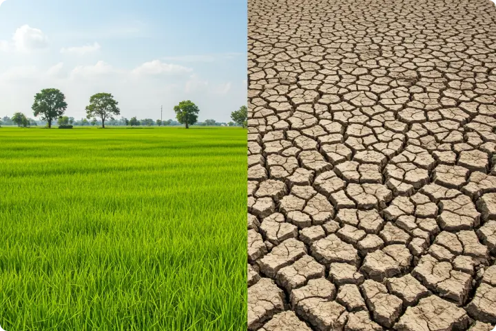 Split image of a lush green field with trees on the left and cracked, dry earth on the right, illustrating contrasting environments.
