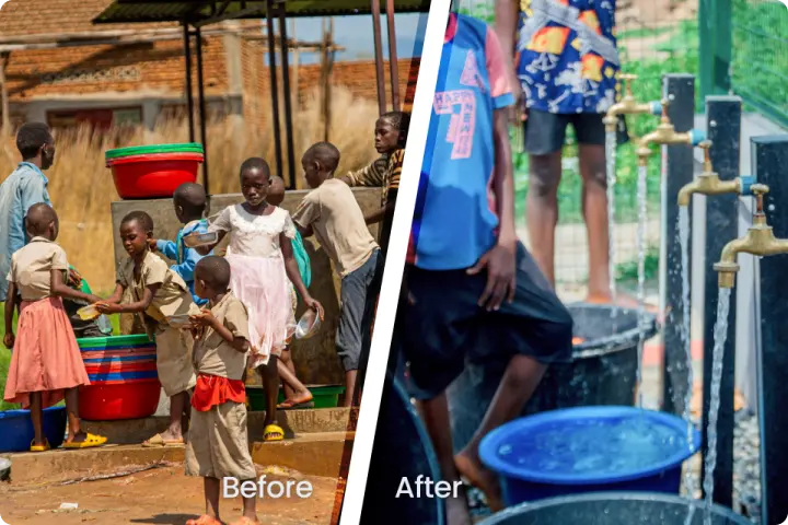 Children collecting water from a shared source before and after the installation of new water taps, highlighting improved access to clean water.
