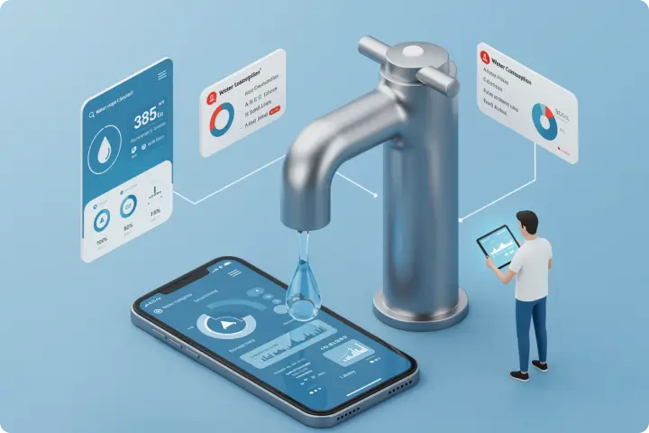 A large faucet drips water onto a smartphone displaying analytics, with a person using a tablet nearby, symbolizing smart water management.