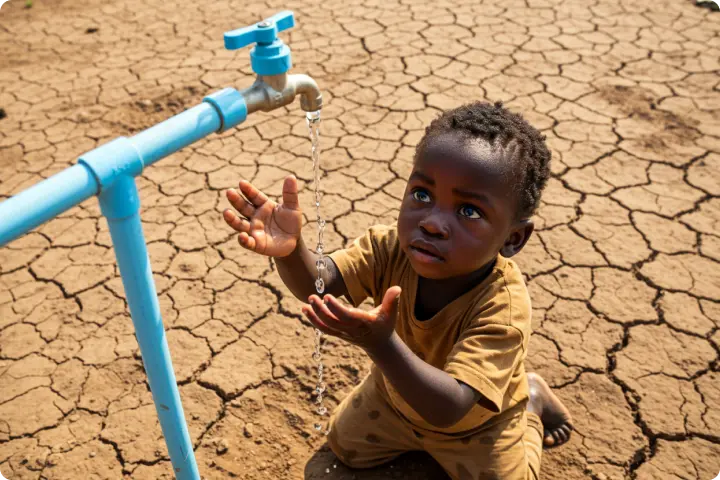 Child kneeling on cracked dry ground, reaching for water dripping from a blue tap, symbolizing scarcity and hope.