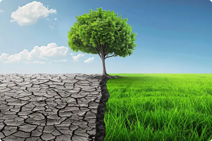 A tree divides a cracked, dry landscape from lush, green grass under a blue sky with clouds.