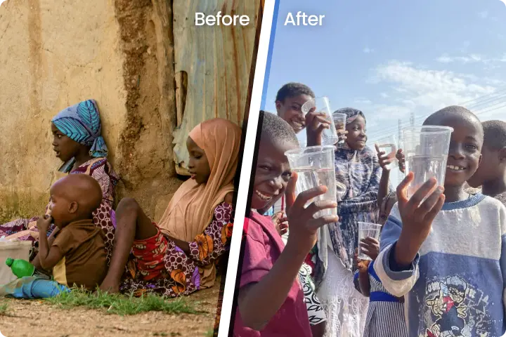 A split image shows a family sitting outside with empty bottles on the left, and smiling children holding clear water in cups on the right.