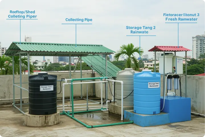 Rooftop rainwater harvesting system with storage tanks, collecting pipes, and filtration unit on a city building roof.