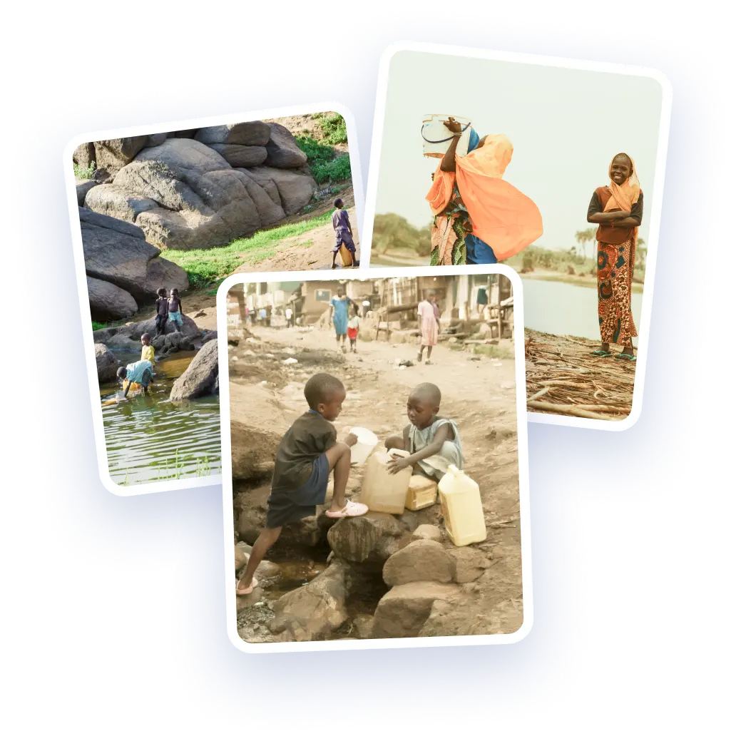 Three images show people in rural settings collecting and carrying water in containers.